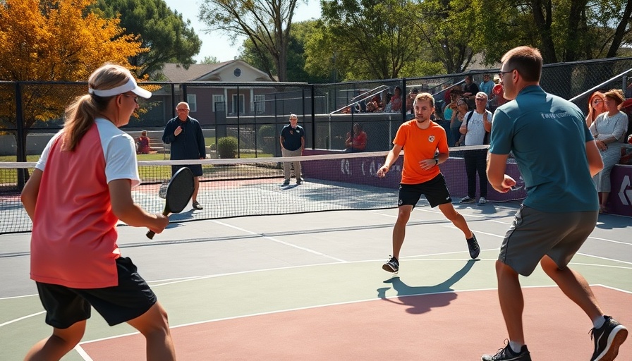 Original Penguin Pickleball Apparel in dynamic match on outdoor court with players.