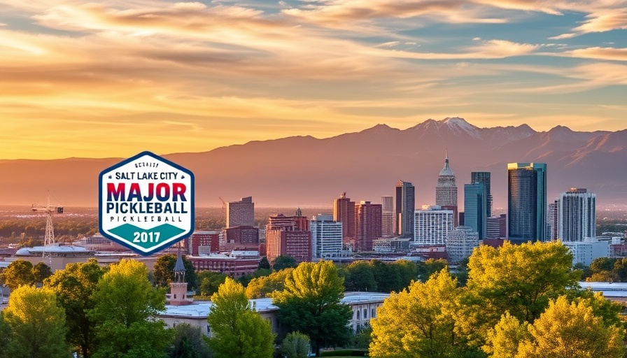 Logo of Major League Pickleball Salt Lake City Event in city skyline.