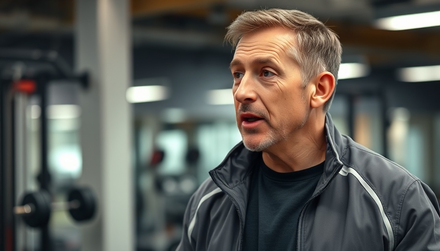 Middle-aged man discussing sports support, gym background.