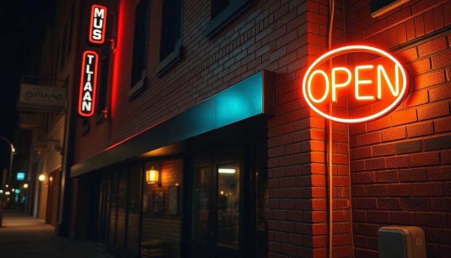 Ohio independent music venue with neon 'open' sign at night.