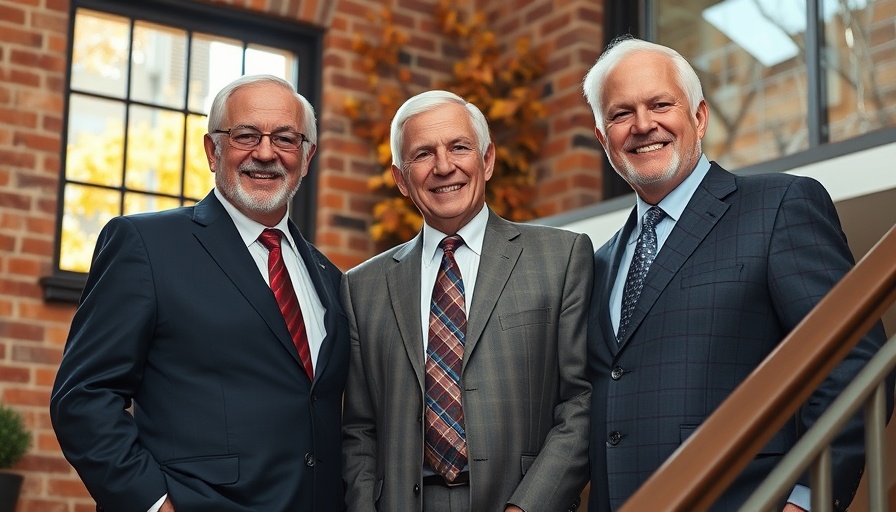 Group photo of three older men in suits smiling indoors.