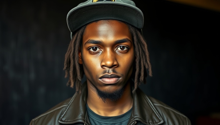Young man in cap and leather jacket, serious, Cleveland July Concerts.