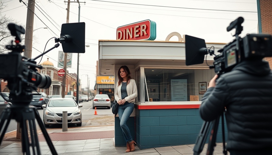 Film setup at Lyla's Family Restaurant with equipment and crew.
