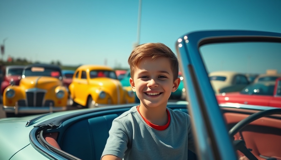 Young boy enjoying British Car Day in Cuyahoga Falls in a classic convertible.