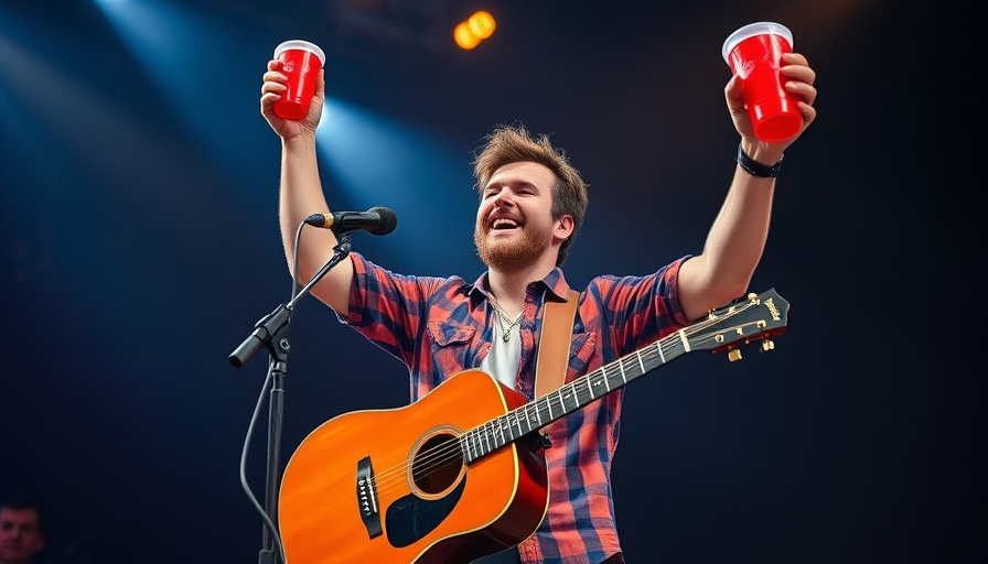 Musician on stage raising cup with guitar, concert setting.