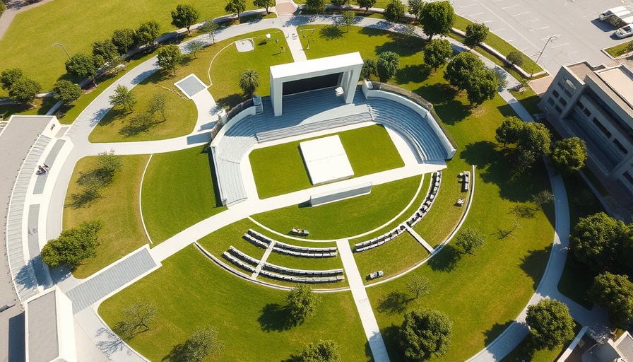 3D render of Stow amphitheater layout with lawns and stage.
