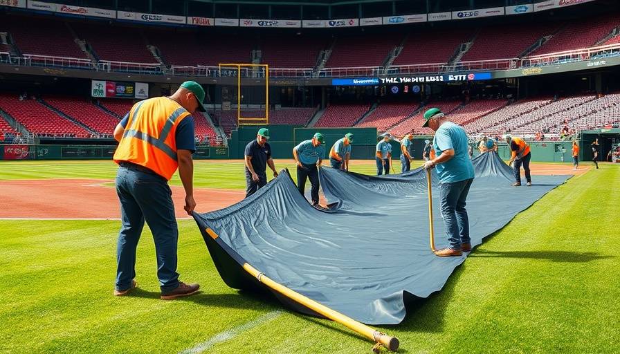 Guardians groundskeepers unrolling tarp for rain delay update.