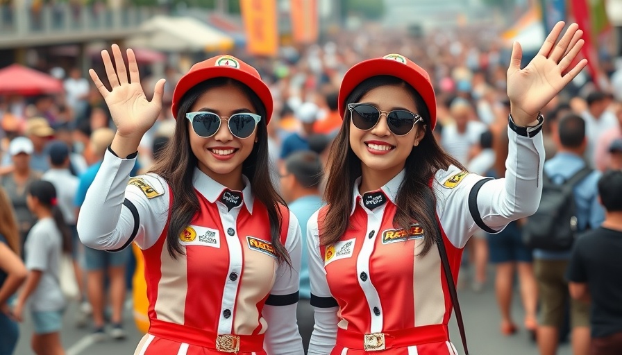 Twins Days Festival 2025: cheerful twin sisters in racing outfits waving at a festival.