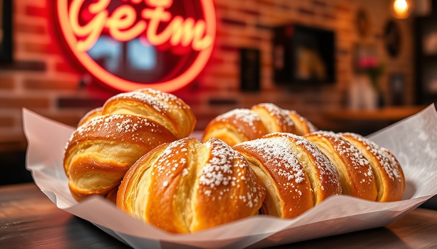 Golden Greek pastries at Little Rose Tavern in front of neon sign.