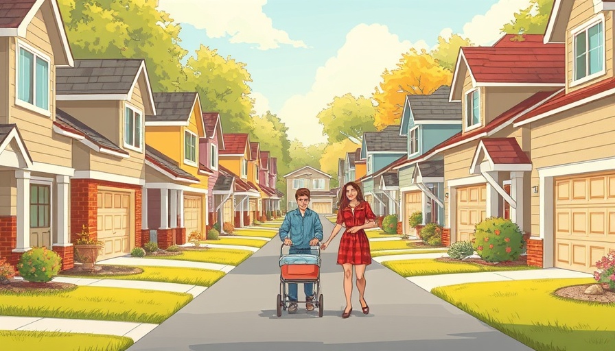 1960s Akron suburban scene, family and baby carriage, cartoon style