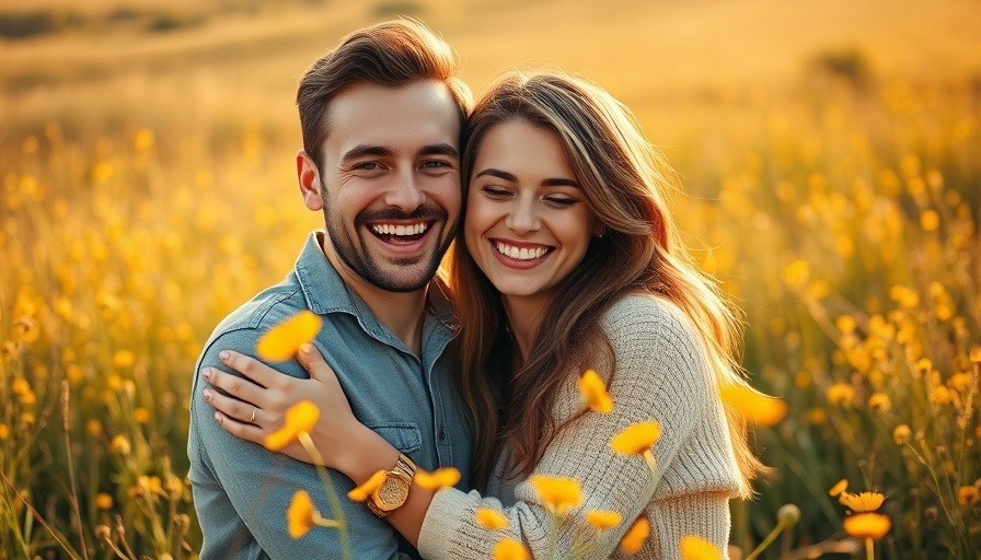 Happy couple in a sunny field, smiling together for Farmers Dating Sites.