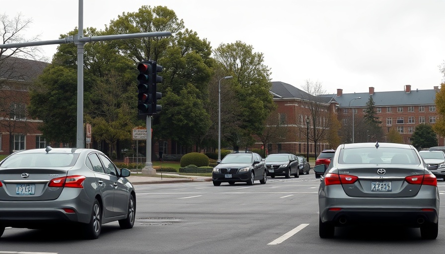 Cars at intersection near university campus, roundabout construction Kent.