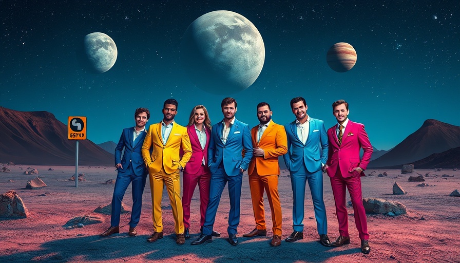 Colorful group posing at cosmic-themed bus stop for local events in Northeast Ohio.