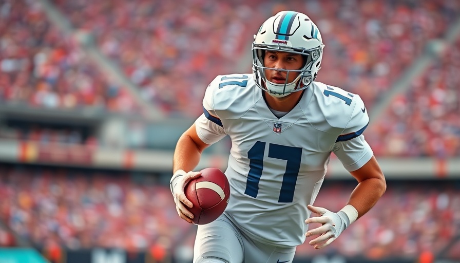 Athletic player in white uniform running with football on field.