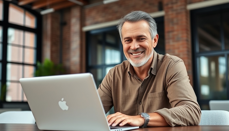 Confident man on laptop in modern office setting.