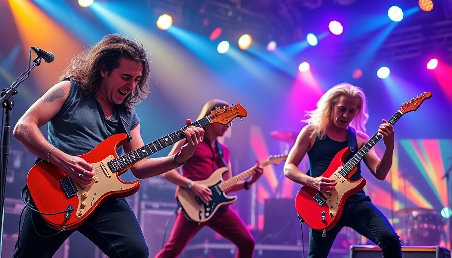 Energetic rock guitarists at a concert, vibrant lights.