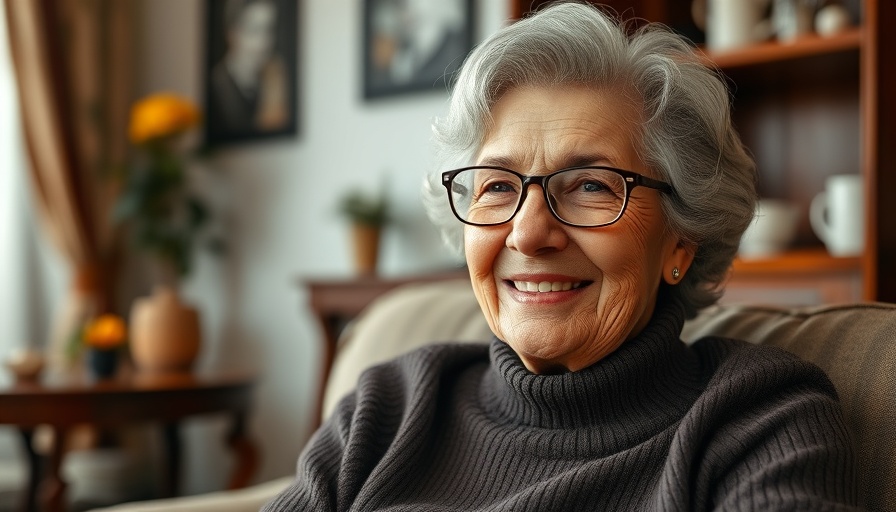 Elderly woman with glasses smiling gently in a cozy setting.