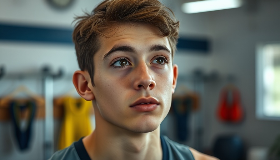 Thoughtful young man close-up, sports setting backdrop.
