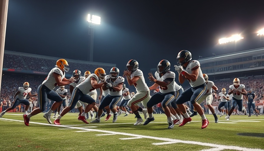 College football players execute goal line strategy on field.