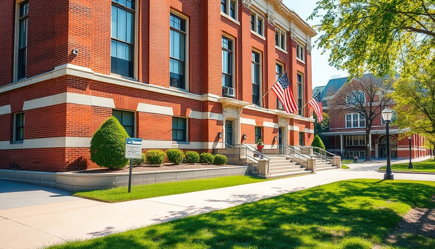 East Cleveland City Hall, historical building with flags, bright daylight.
