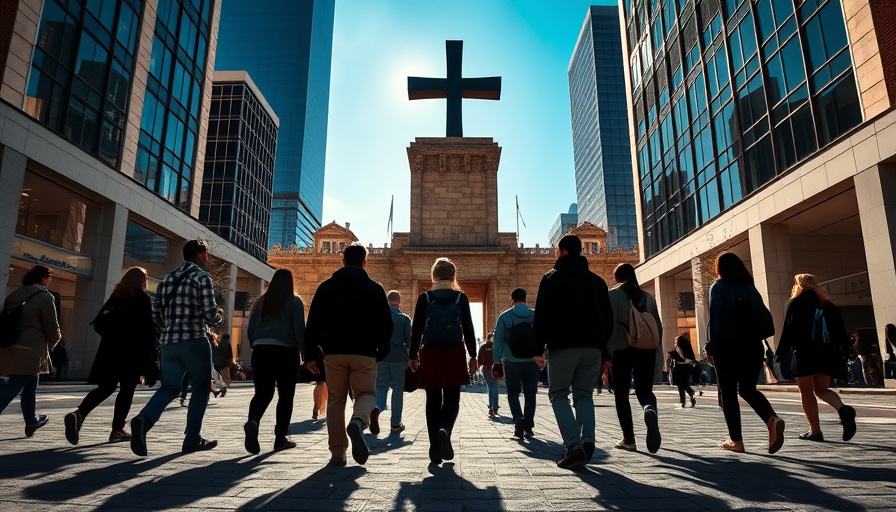 The Narrow Gate: diverse group approaches symbolic stone gate in cityscape.