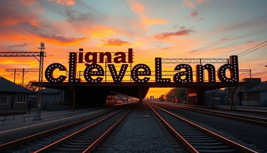Sunset at Cleveland railway with Signal logo, Ohio newsrooms unionizing.