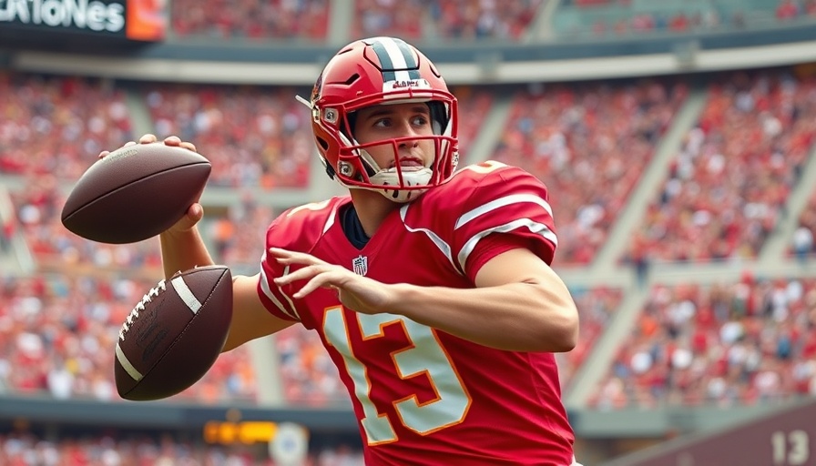 Football player focused, mid-action pass, sports stadium.