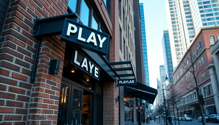 Exterior of Flats Bar Cleveland with 'PLAY' sign and modern design.