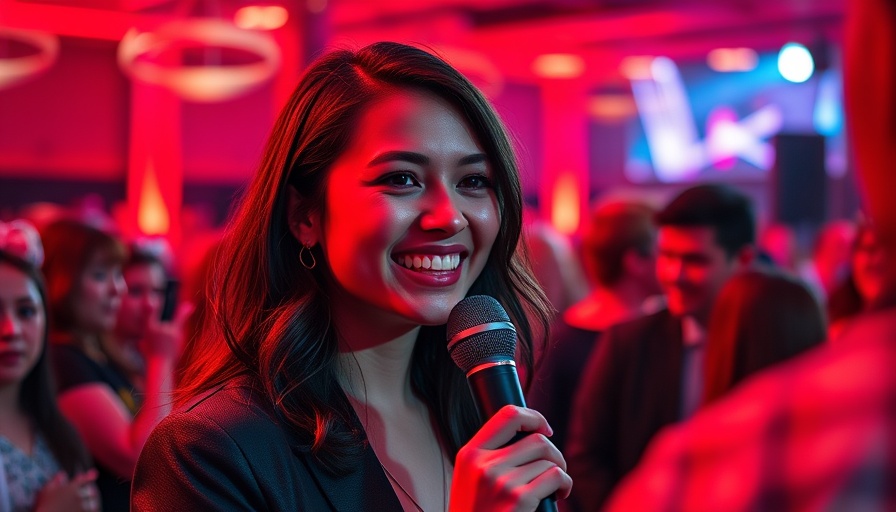 Young woman interviewed in vibrant red-lit event.