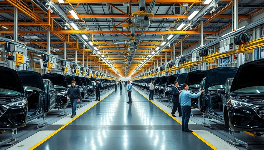 Detroit car manufacturing assembly line in operation, industrial setting.