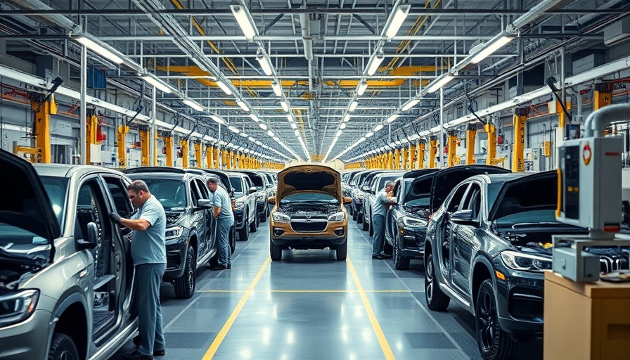 Detroit car manufacturing assembly line with workers.