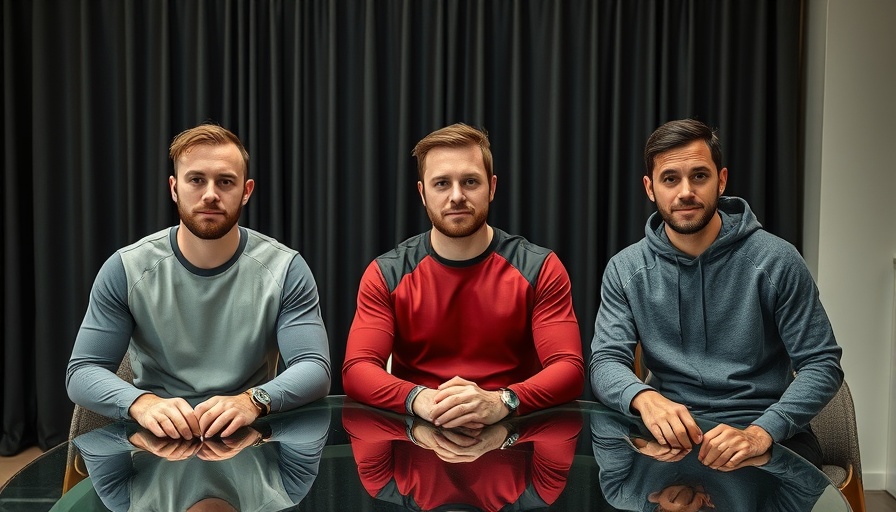 Three men in casual wear sitting indoors, focused expressions.
