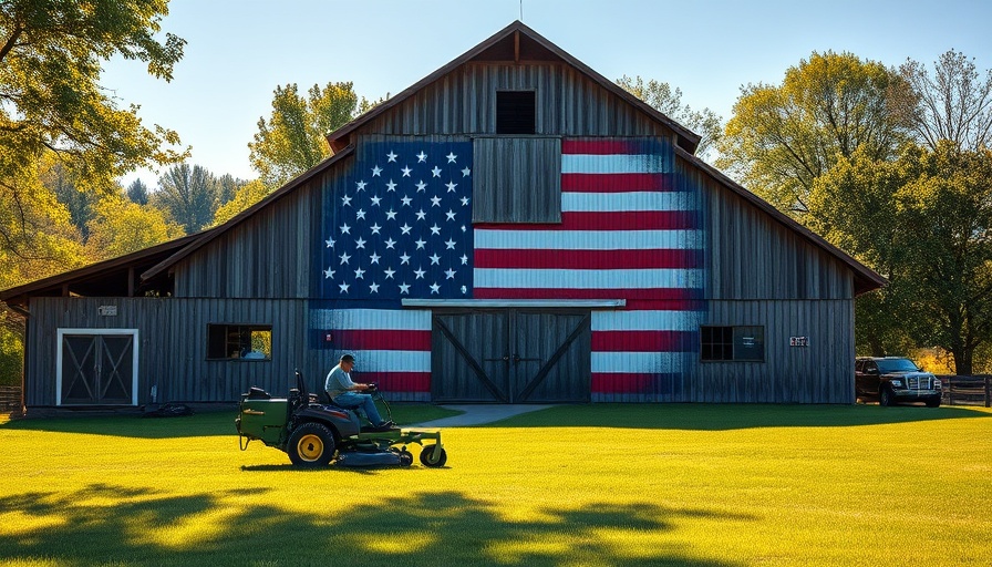 U.S. flag mural on barn, person mowing nearby, highlighting land ownership topic.