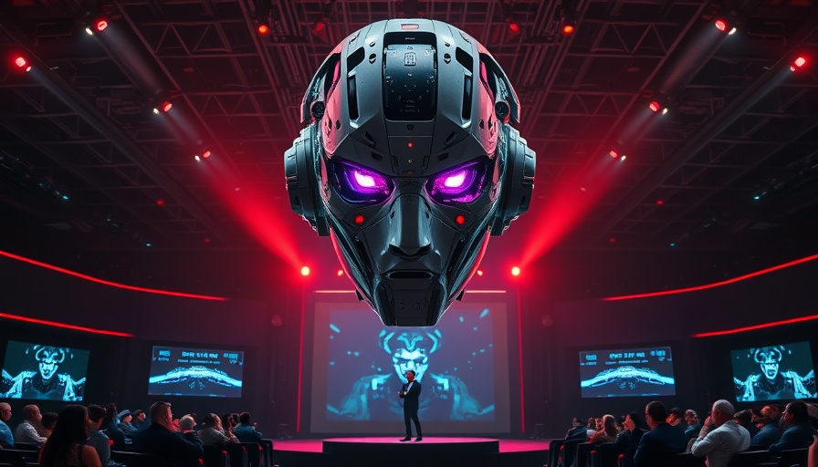 Futuristic humanoid robot on stage for open source AI models presentation.