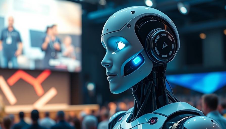 Futuristic humanoid robot presenting AI features at a tech conference.