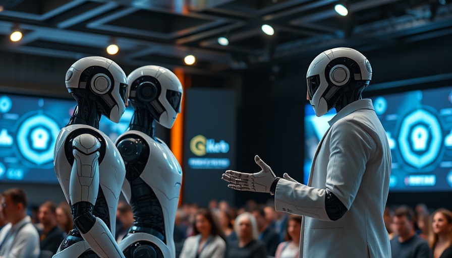 Futuristic presentation on Michigan artificial intelligence with robots on stage.