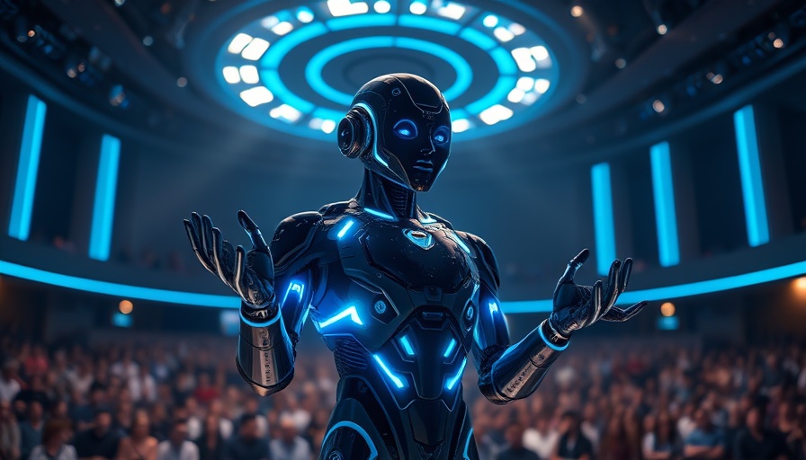 Futuristic digital presenter showcasing AI technology at Michigan event.