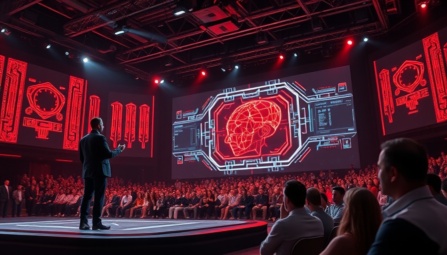 Futuristic presentation of open source AI agent Trey, audience engaged on high-tech stage.