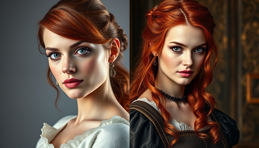 Elegant red-haired woman in dual portrait modern and fantasy styles