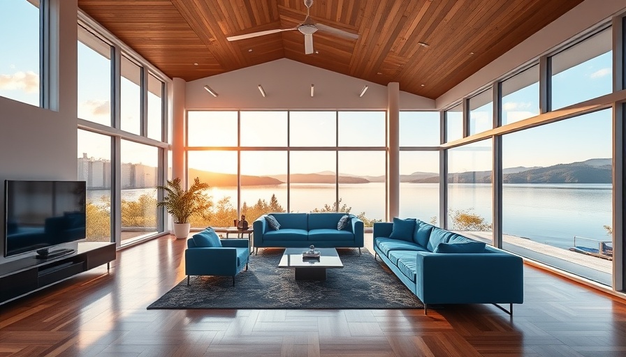 Modern living room with lake view, Lake Michigan estate for sale.