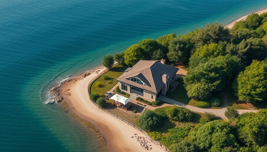 Secluded Lake Michigan private shoreline home amidst lush greenery.