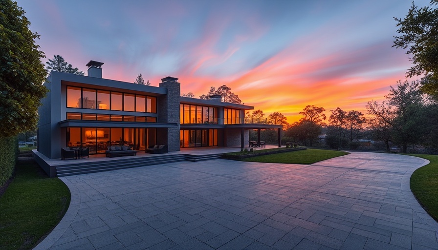 Luxury Lake Columbia home with modern terrace at sunset.