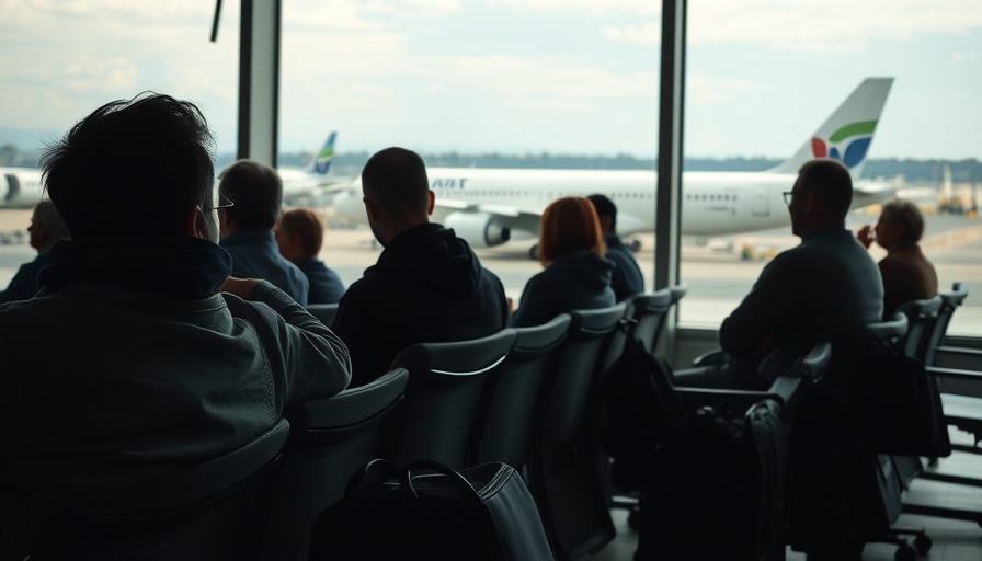 Passengers at airport terminal observing planes.