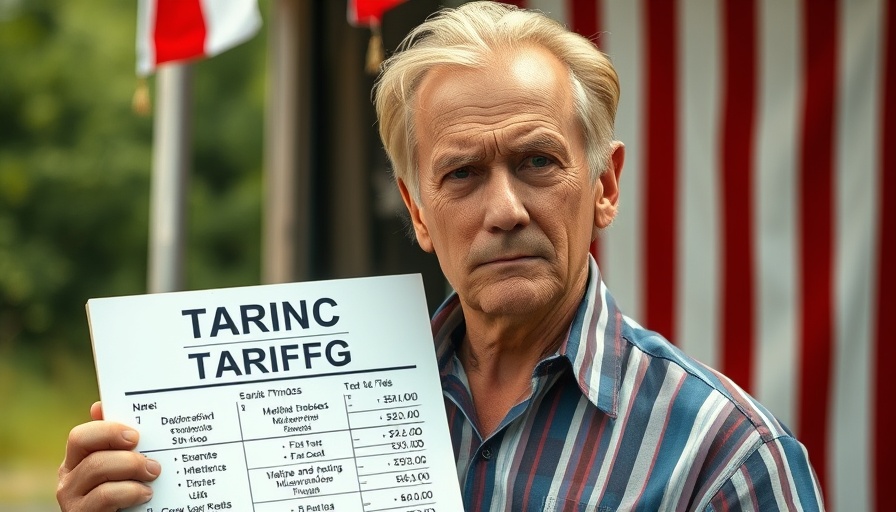 Trump's tariff policies presented with a detailed tariff board outdoors.