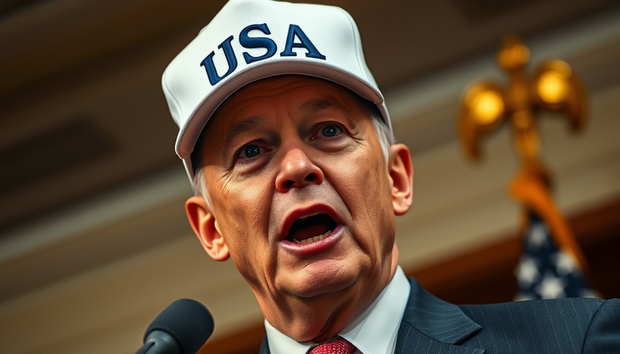 Political figure discussing Trump 30% tariffs indoors with USA cap.