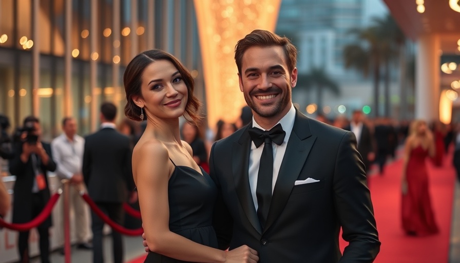 Elegant woman and smiling man on the red carpet.