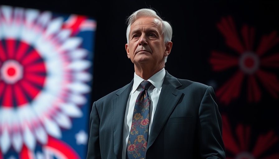 Contemplative older man on stage with abstract background.