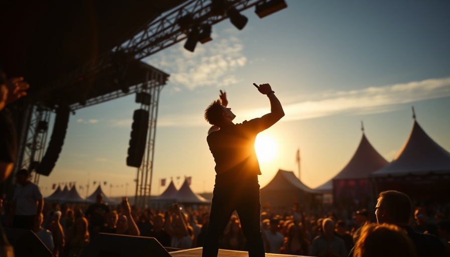 Charismatic performer on Michigan live music stage backlit at sunset.
