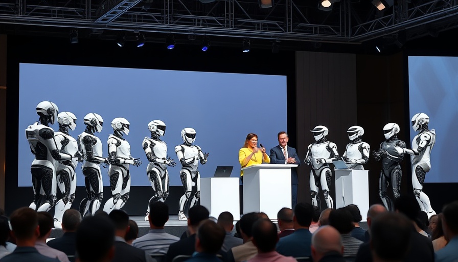 AI autonomous robots and humans presenting on stage at a conference.