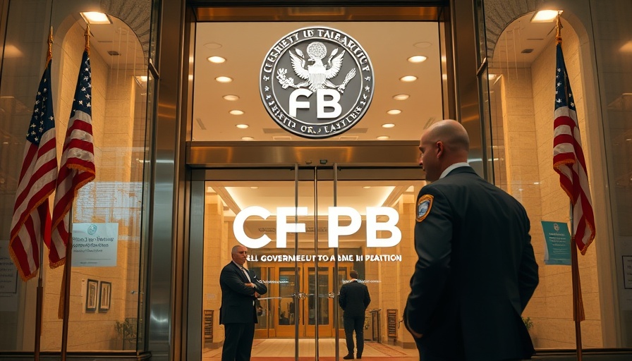 CFPB building entrance with security, highlighting institutional decor.